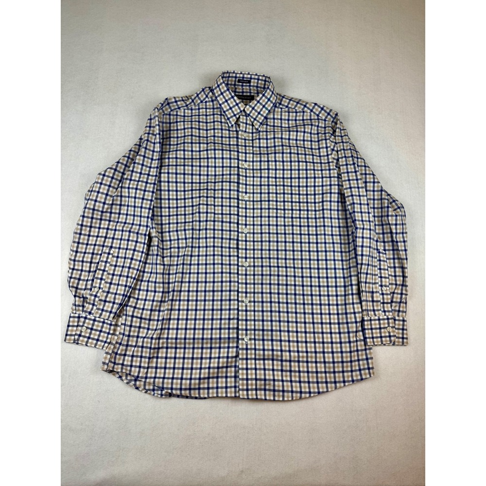 Hathaway Mens Non-Iron Cotton Check Button Down Dress Shirt Blue Tan Large